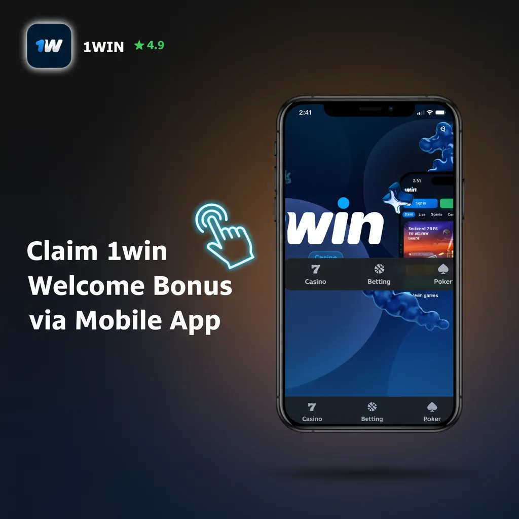 Phone screen with 1win app Bonuses tab, welcome offer selected, balance and progress shown, ₹300 min deposit required.