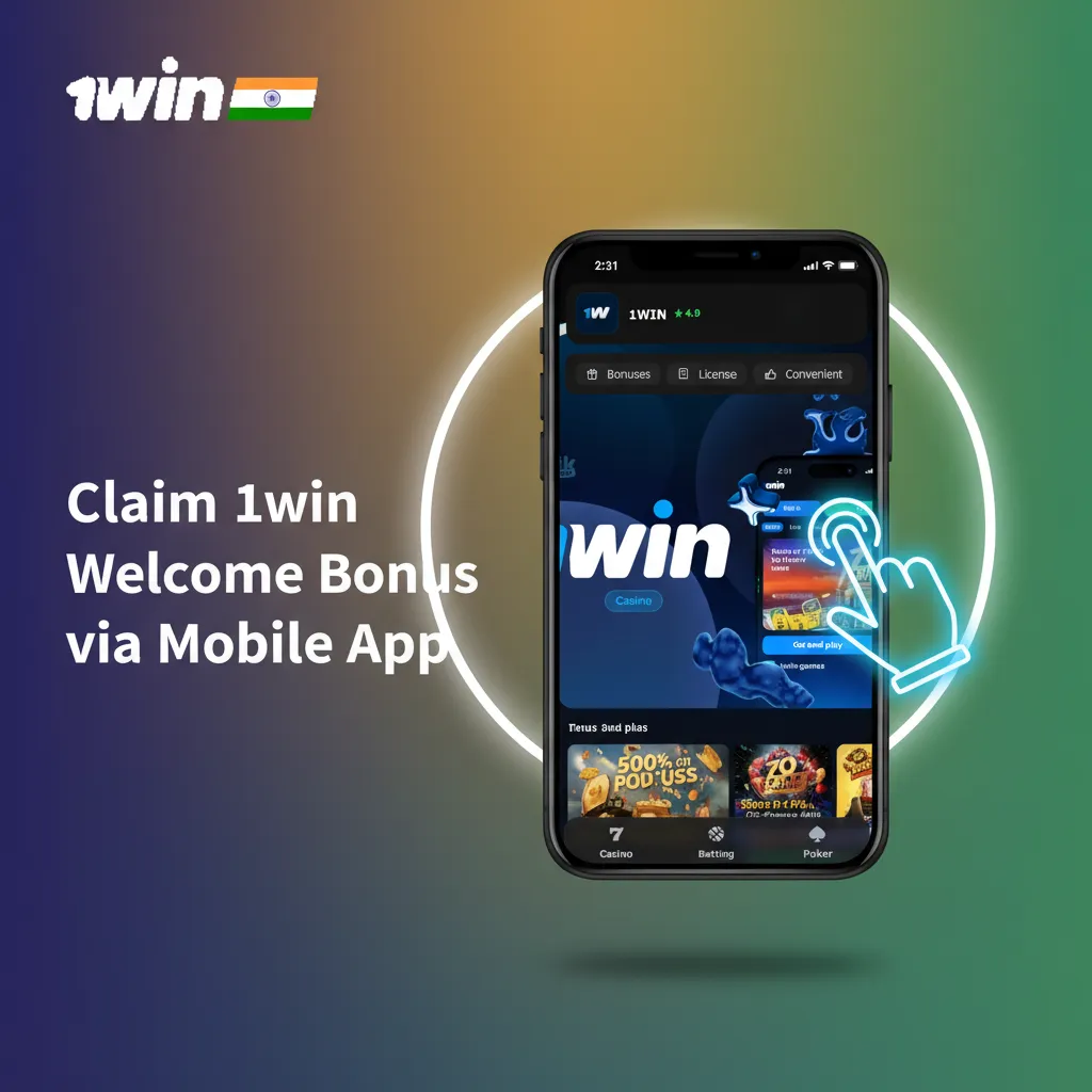 1win app on Android/iOS showing welcome bonus steps: install, sign in, enable promo, deposit ₹300+, track bonus wallet.