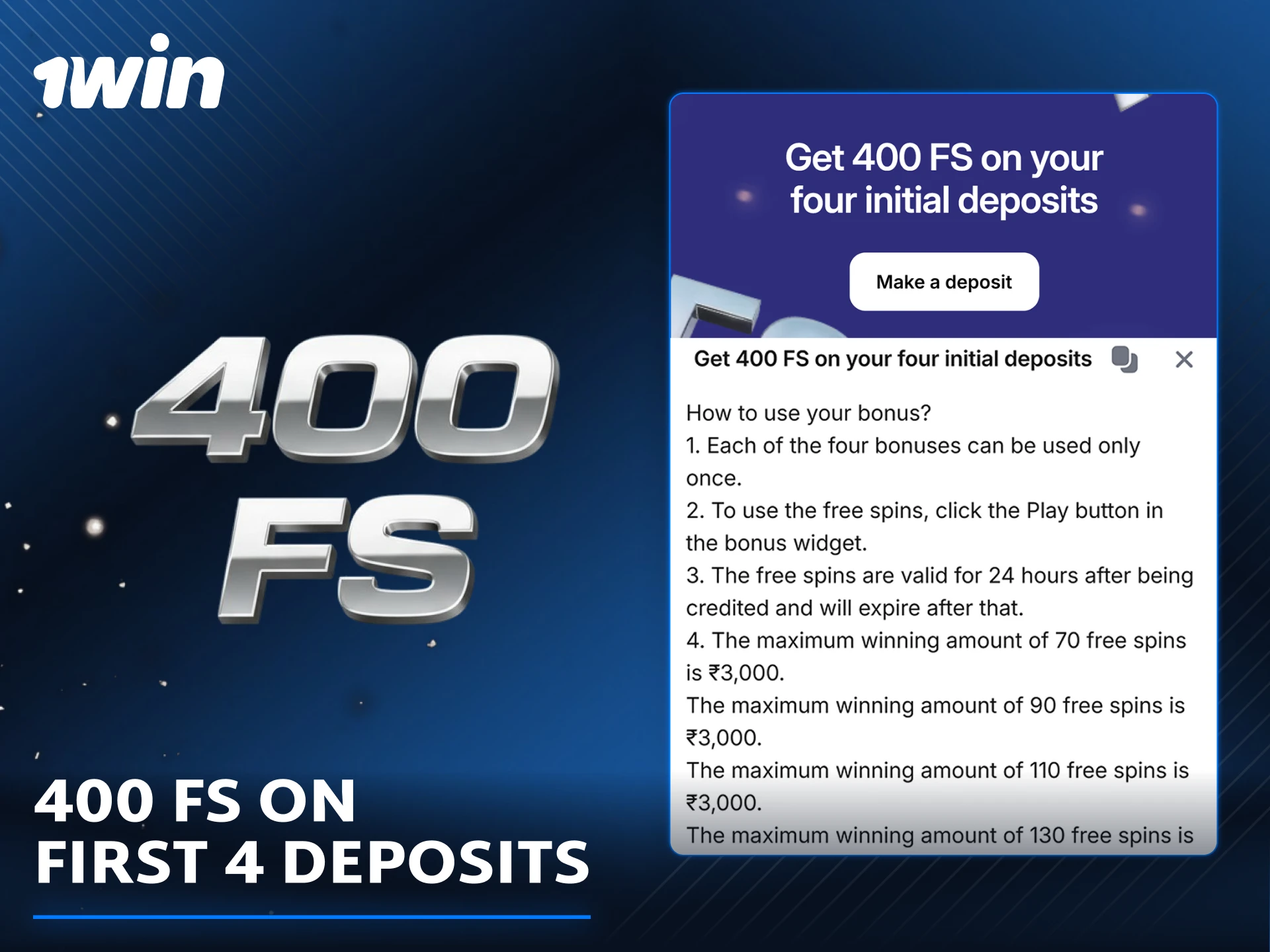 First deposit offer with 400 free spins at 1win.