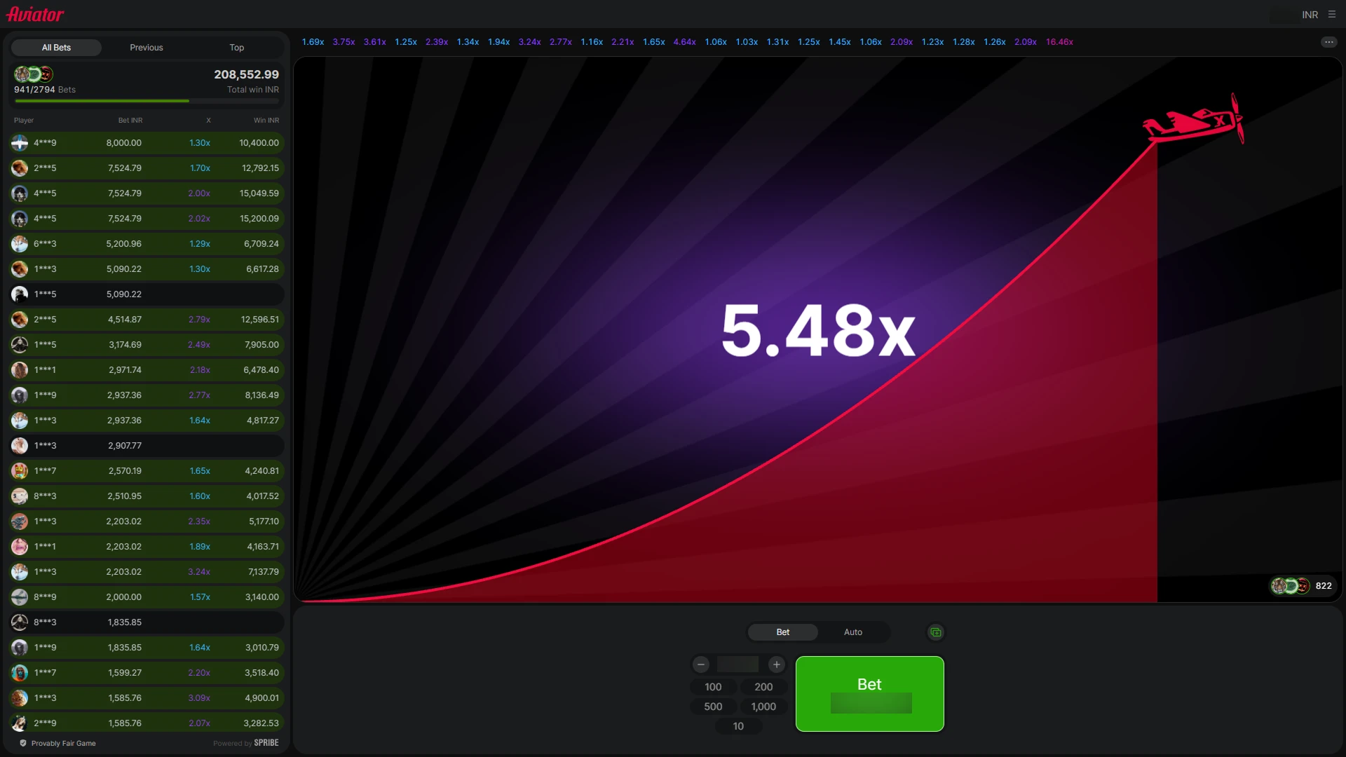 Growth rate feature in 1win Aviator game in India.