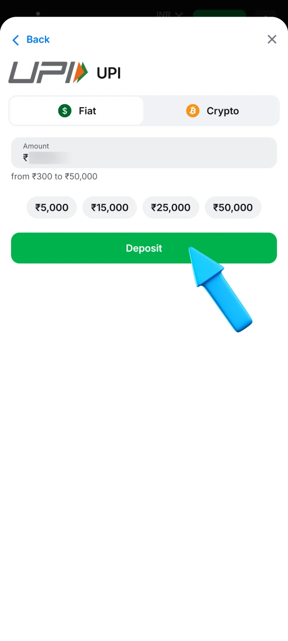 Deposit funds in INR into your 1win account.